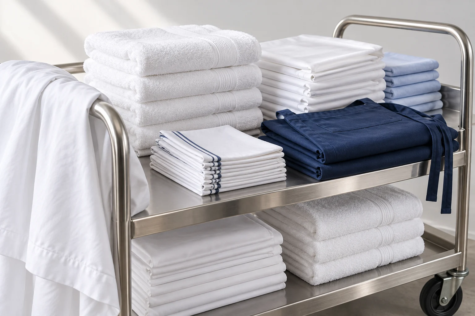 Fresh white towels, sheets and napkins organized on a linen trolley